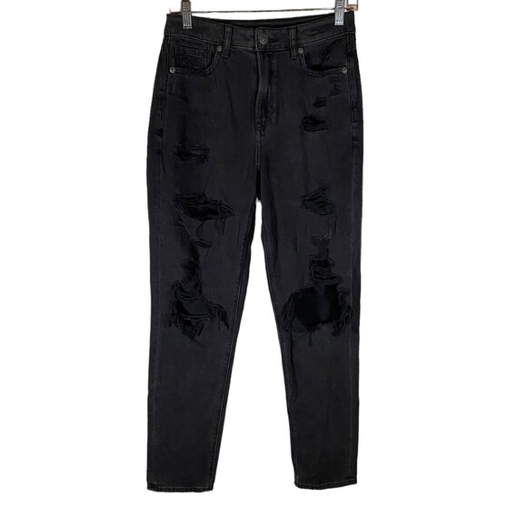 American Eagle Women's Size 2 Mom Straight Jean Distressed Faded Black Denim 90s - Picture 1 of 14